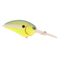 SPRO Little John DD 70 Crankbait fishing lure with a green and yellow body, black eye spot, red accent lines, and a clear plastic diving lip for attracting musky and other fish.