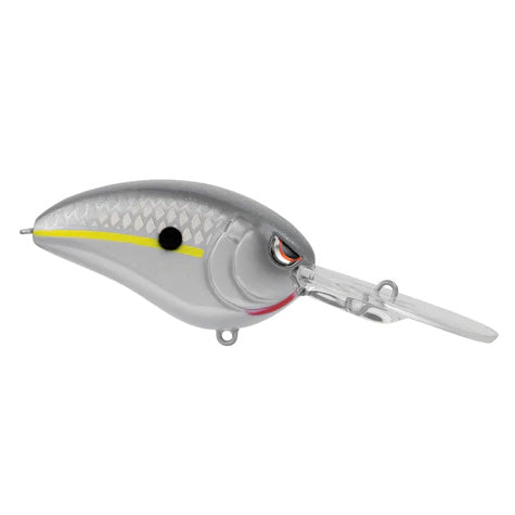 SPRO Little John DD 70 Crankbait in silver and gray with a yellow stripe and detailed fish scale texture, featuring a clear plastic diving lip designed for fishing tackle use.