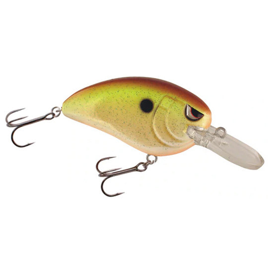 SPRO Little John MD 50 Crankbait fishing lure in green and yellow with red accents, featuring two sharp treble hooks and a clear diving lip for freshwater fishing tackle.