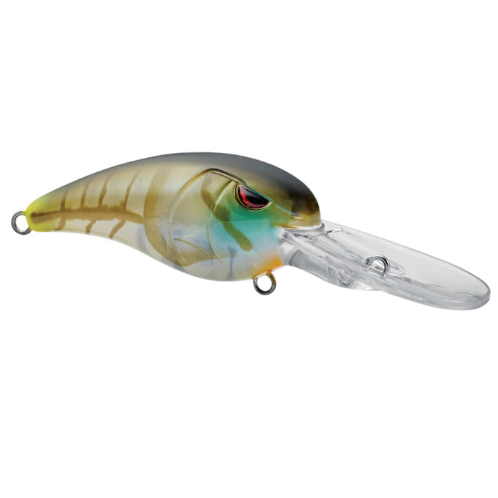 SPRO RkCrawler DD50 Crankbait with a translucent body featuring green and brown tones, a red eye detail, and a clear extended diving lip for fishing tackle use.