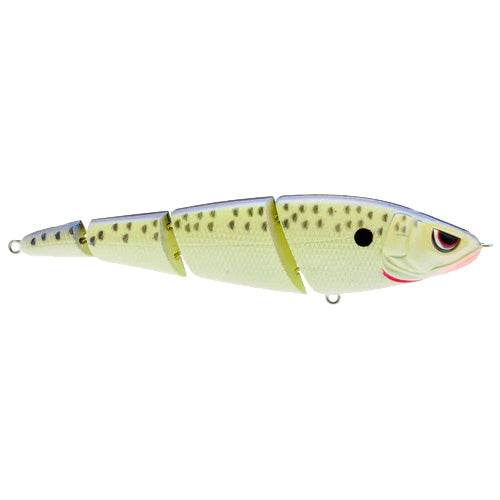 SPRO Sashimmy Swimmer 125 fishing lure in segmented design with realistic fish pattern in greenish tones and black spots, ideal for fishing tackle enthusiasts.
