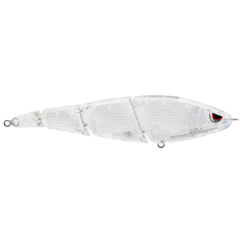 Clear segmented fishing lure with lifelike scale texture and red eye, designed as the SPRO Sashimmy Swimmer 125 for effective freshwater fishing tackle use.