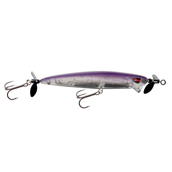 SPRO Spin John 80 Spybait fishing lure in purple and silver with dual propellers and two treble hooks, designed for effective fishing tackle use in freshwater environments.