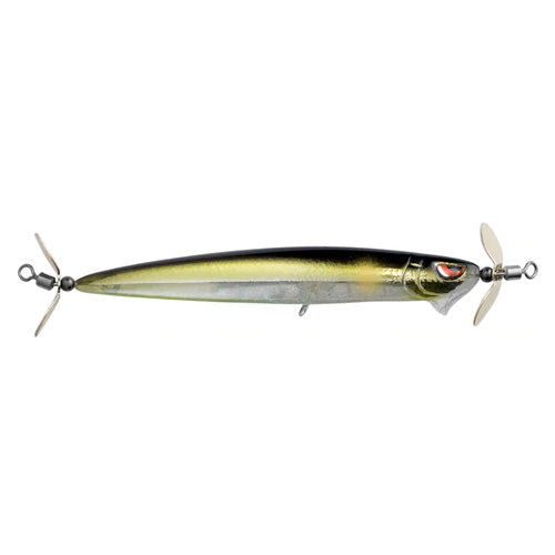 SPRO Spin John 80 Spybait fishing lure with a streamlined body, metallic gold and silver finish, and dual propeller blades designed for attracting fish in freshwater environments.