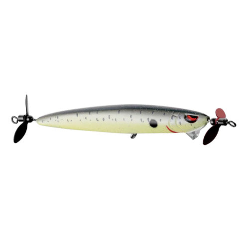 SPRO Spin John 80 Spybait fishing lure featuring a slender, fish-shaped body with realistic coloring, red eyes, and dual propeller blades on each end for enhanced water movement.