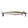 SPRO Spin John 80 Spybait, a sleek fishing lure with a fish-scale pattern, featuring propeller blades on both ends and red eyes designed for effective fishing tackle use.