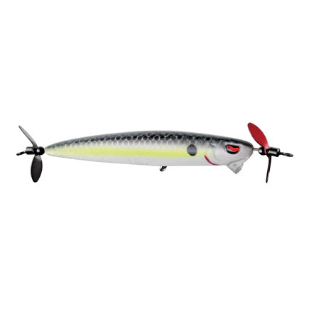 SPRO Spin John 80 Spybait fishing lure with a silver and yellow body, detailed scale pattern, red eye, and dual propeller blades on both ends for enhanced fishing tackle performance.