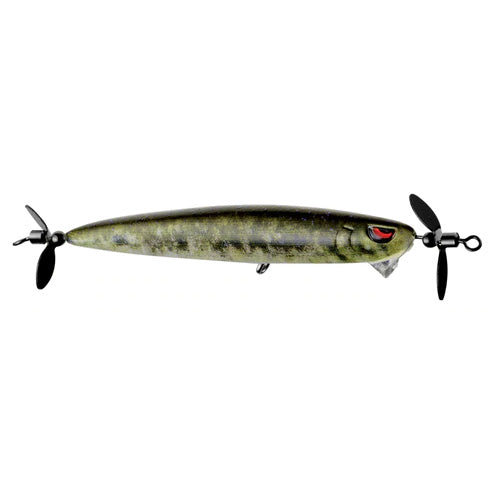 SPRO Spin John 80 Spybait fishing lure designed with a realistic fish pattern, featuring dual black propellers on each end and a red eye detail for effective fishing tackle use.