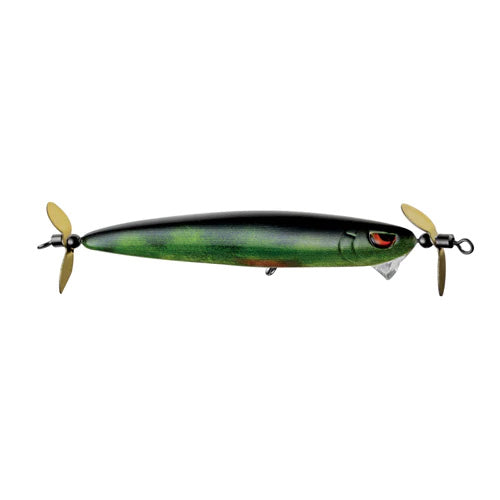 SPRO Spin John 80 Spybait fishing lure in green and black with red eye detail, featuring dual small propellers for enhanced water action, designed for effective fishing tackle use.