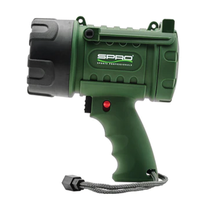 Spro Waterproof LED Spotlight in green with pistol grip handle, black bulb housing, red power button, and wrist strap, designed for outdoor fishing and marine use.