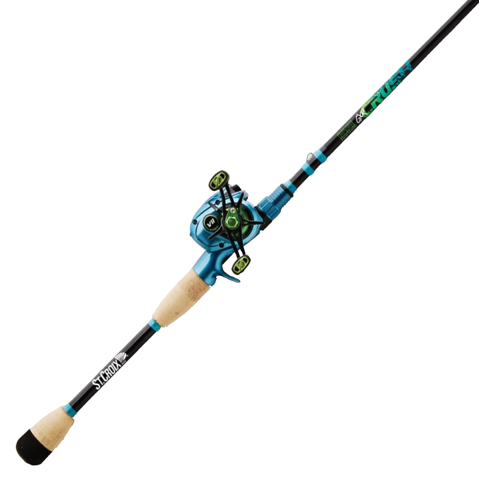 St. Croix GXR Crush Combo - Casting fishing rod and reel combo with ergonomic cork handles and blue-green reel designed for precision and durability in fishing tackle.