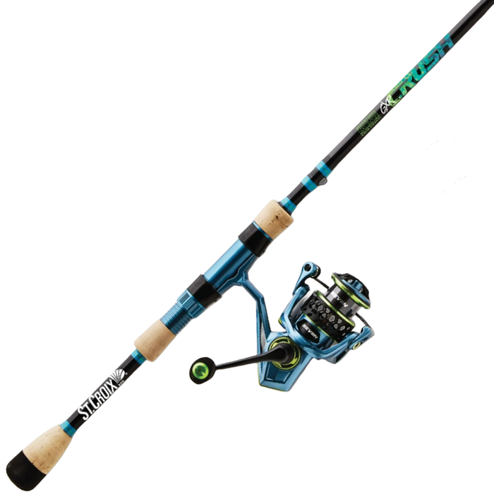 St. Croix GXR Crush Combo - Spinning rod and reel combo with a black and teal design, featuring a cork handle and ergonomic reel seat for comfortable freshwater fishing.