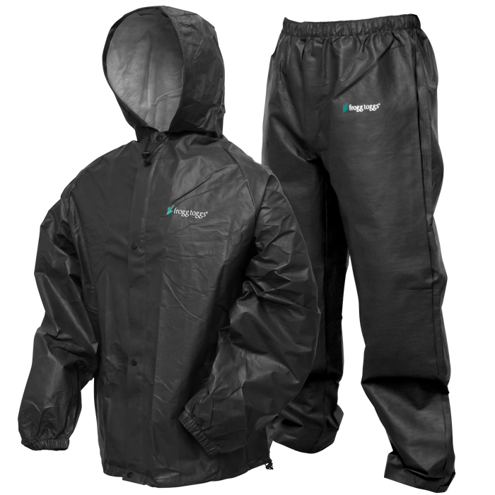 St. Croix Men's Pro Lite Suit by Frogg Toggs, a black waterproof hooded jacket and elastic waist pants designed for fishing tackle protection in wet conditions.