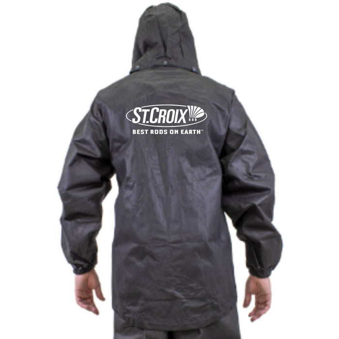Back view of a person wearing a black waterproof St. Croix Men's Pro Lite Suit by Frogg Toggs with a hood and elastic cuffs, featuring a white logo on the upper back.