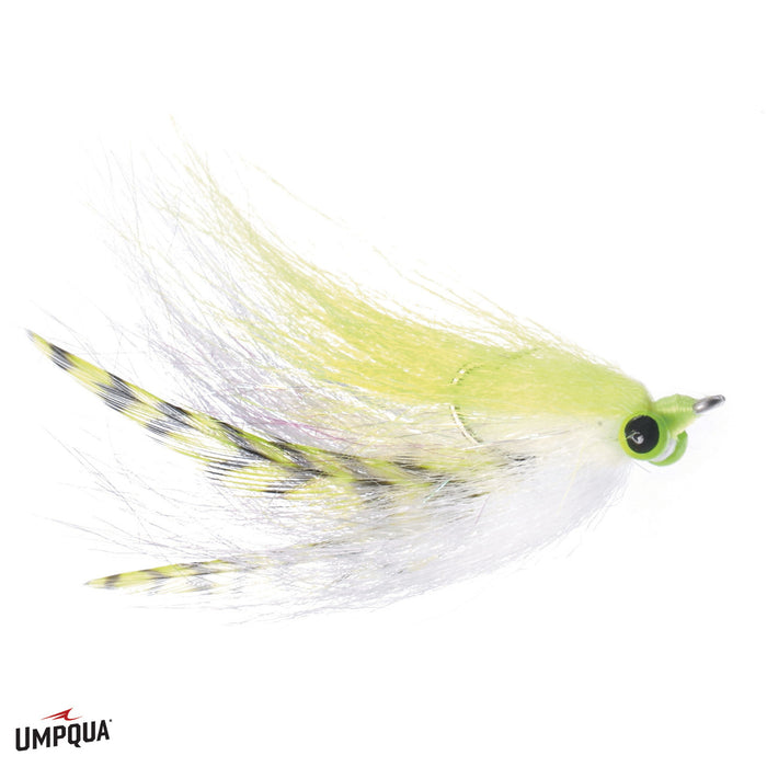 Stay Hungry #2 fly fishing lure with a chartreuse and white color pattern, featuring synthetic fibers and striped feathers designed for musky fishing.