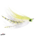 Stay Hungry #2 fly fishing lure with a chartreuse and white color pattern, featuring synthetic fibers and striped feathers designed for musky fishing.