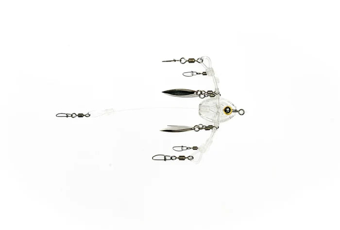 Stealth Lures 4 Blade (Original) fishing lure with clear plastic body, metal blades, and multiple swivel attachments designed for musky fishing tackle.