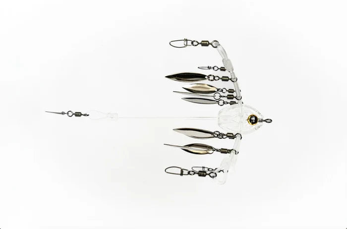 Stealth Rig 8 Blade fishing lure featuring eight reflective blades arranged on a white plastic frame with swivels and clips for musky fishing tackle.
