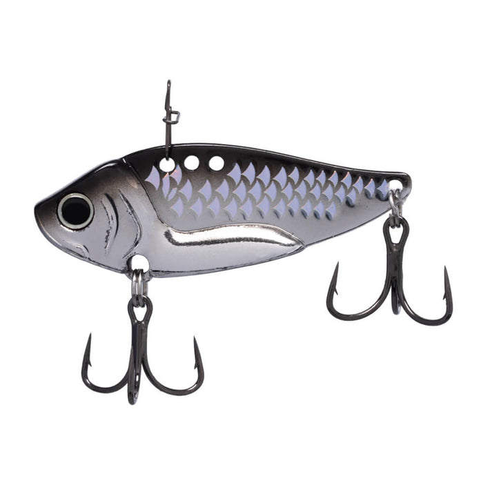 Steelshad Alloy Blade fishing lure with a metallic fish-shaped body, scale pattern, multiple treble hooks, and attachment points for fishing tackle.