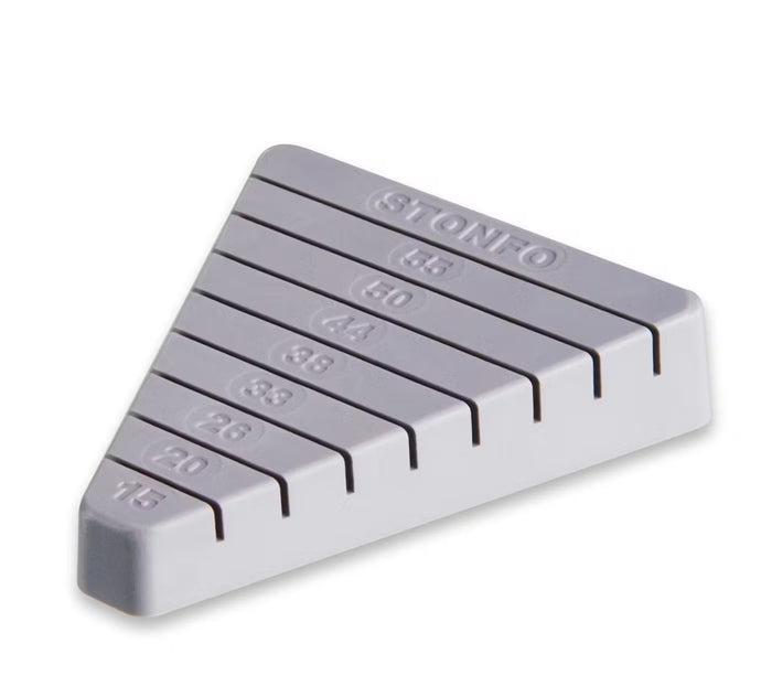 Stonfo CDC Feathers Block in gray plastic with multiple evenly spaced grooves labeled with numbers for organizing and holding fishing tackle feathers or materials during fly tying.