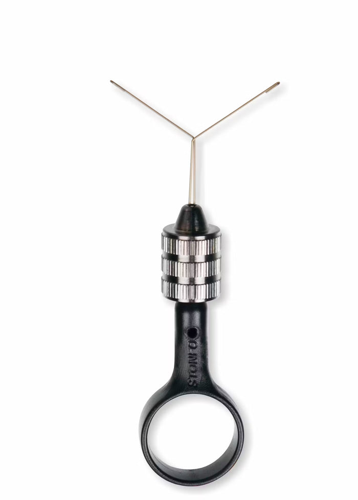 Stonfo Rotodubbing Mini Twister featuring a black plastic handle with a finger ring and two thin metal arms, designed for precise application in fishing tackle and lure crafting.