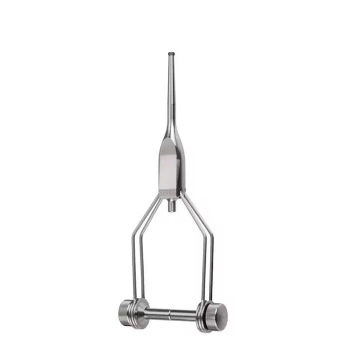 Stonfo Streamer Bobbin made of polished metal with a slender vertical tube supported by two arms connected to a horizontal base, used for holding thread securely in fly fishing tackle.