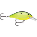 Storm Speed Trap Crankbait fishing lure with a yellow and green body, two treble hooks, and a clear plastic diving lip for effective fishing tackle use.