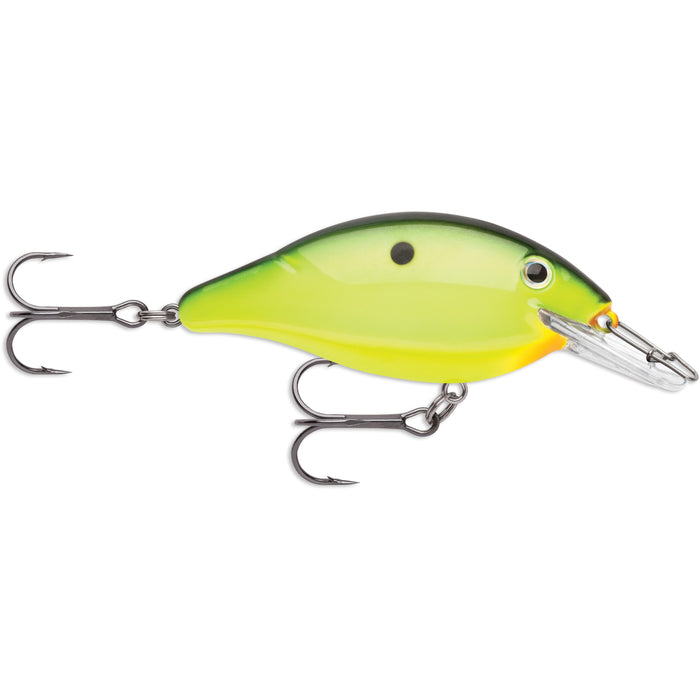 Storm Speed Trap Crankbait fishing lure with a yellow and green body, two treble hooks, and a clear plastic diving lip for effective fishing tackle use.