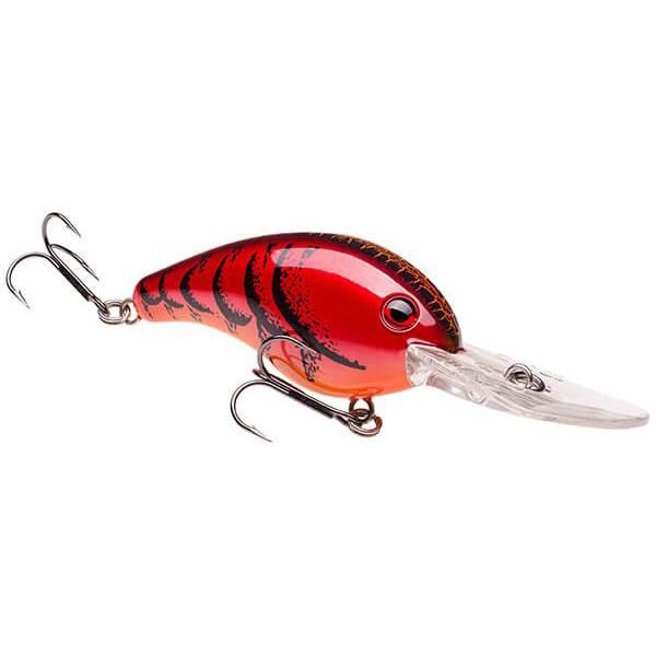 Red and black striped hard fishing lure with two sharp treble hooks and a clear diving lip designed for deep water fishing, Strike King 10XD Crankbait.
