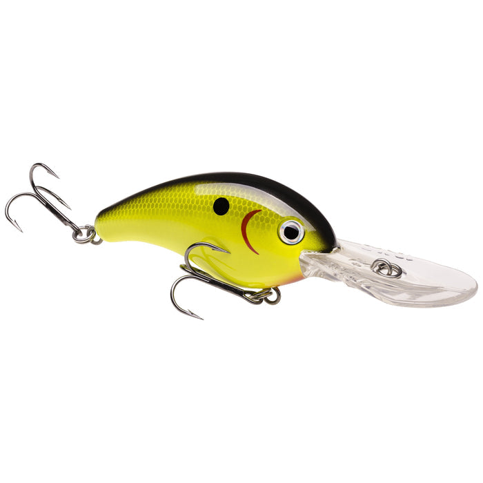 Strike King 10XD Crankbait fishing lure in yellow and black with detailed eyes, curved diving lip, and two sharp treble hooks designed for deep water fishing tackle.