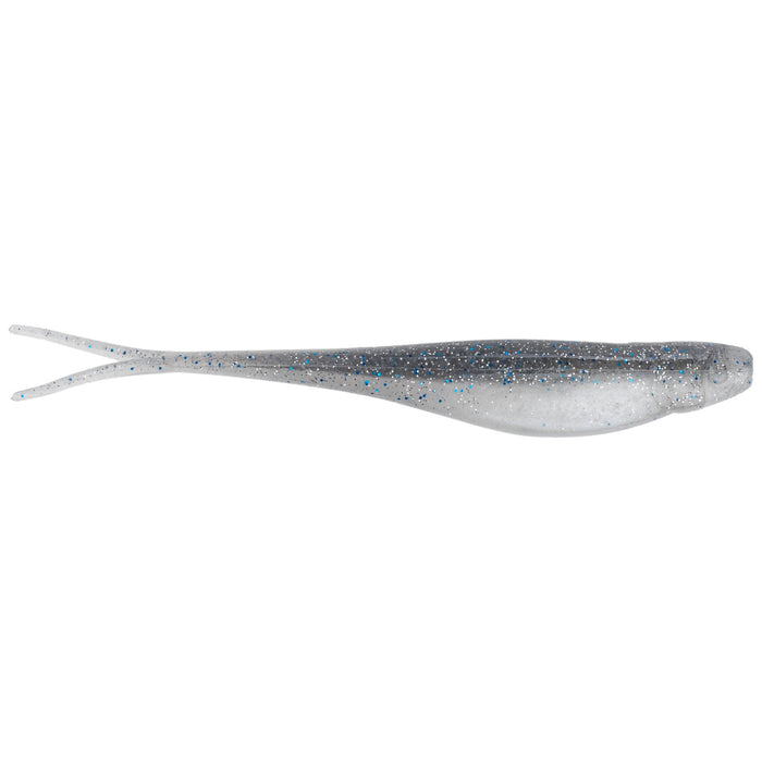 Strike King 3" Z-Too Soft Jerkbait fishing lure in smokey shad color with a slender body, forked tail, and blue reflective flakes for realistic underwater movement.
