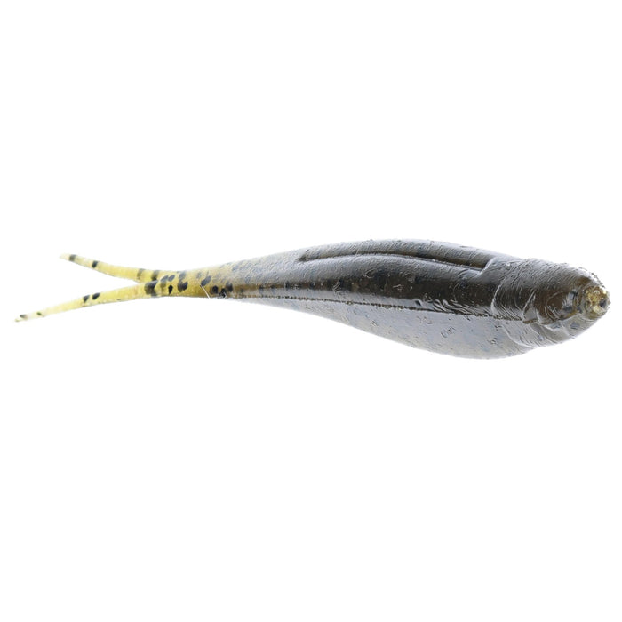 Soft plastic fishing lure in dark and yellow tones with a forked tail, designed as the Strike King 4" Z-Too Soft Jerkbait for fishing tackle use.