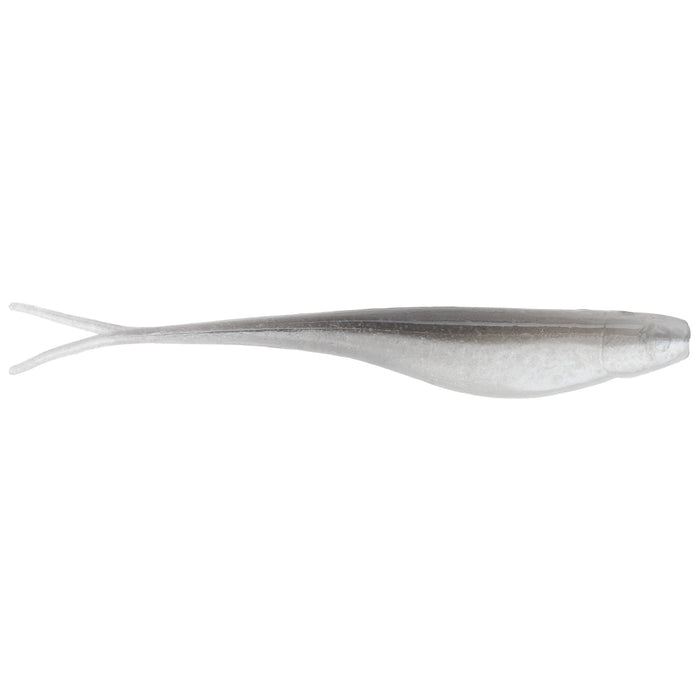 Strike King 4" Z-Too Soft Jerkbait in a sleek silver and pearl color, designed as a durable fishing lure with a forked tail for lifelike movement.