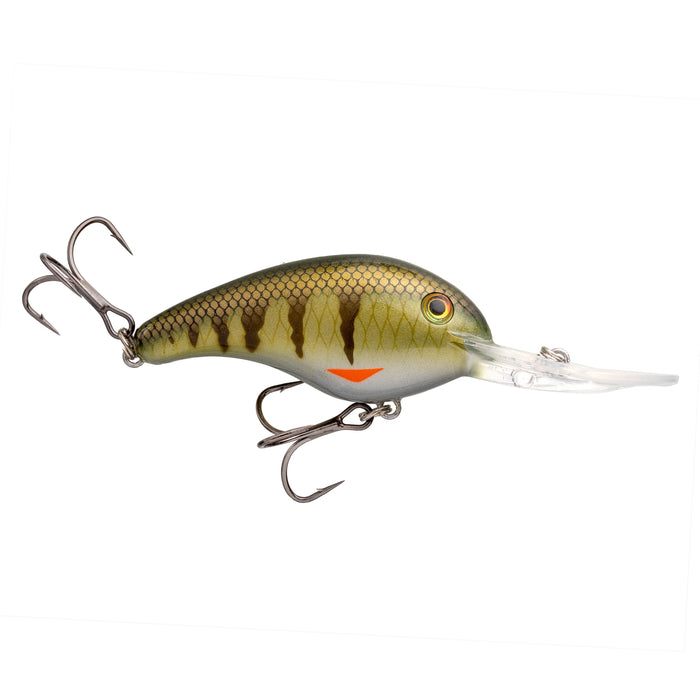 Strike King 5XD Elite Crankbait fishing lure with a detailed green and brown scale pattern, realistic eye, and two sharp treble hooks, designed for effective fishing tackle use.