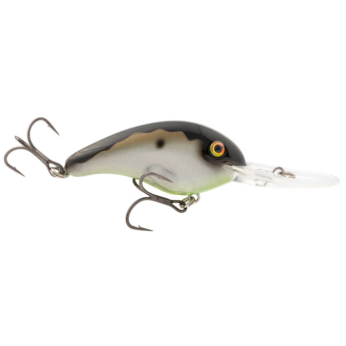 Strike King 5XD Elite Crankbait fishing lure with a black and white body, realistic eye detail, two treble hooks, and a clear plastic diving lip designed for freshwater fishing tackle.