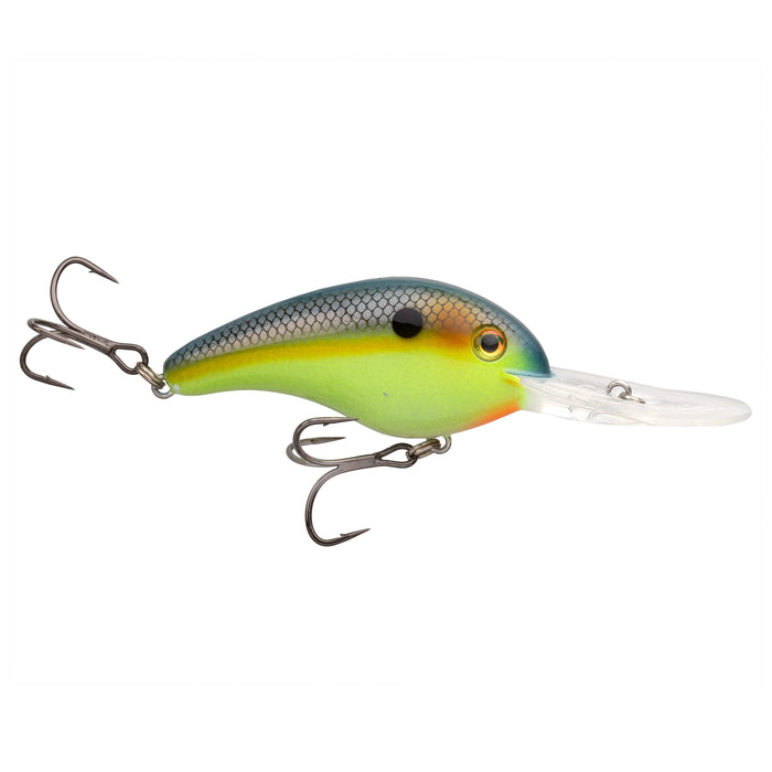Strike King 5XD Elite Crankbait fishing lure with a blue and yellow scaled body, realistic eye, and two sharp treble hooks for effective fishing tackle use.