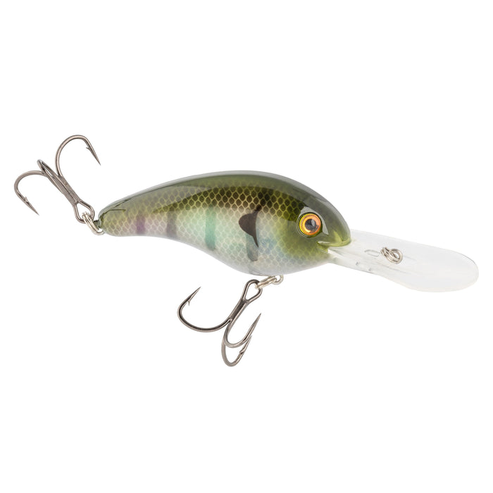 Strike King 5XD Elite Crankbait fishing lure with a green and yellow scale pattern, featuring two treble hooks and a clear diving lip for freshwater fishing tackle.