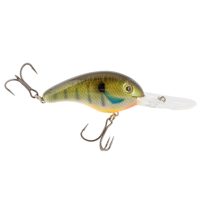 Strike King 5XD Elite Crankbait fishing lure with a realistic green and yellow pattern, two treble hooks, and a clear plastic diving lip for effective fishing tackle use.