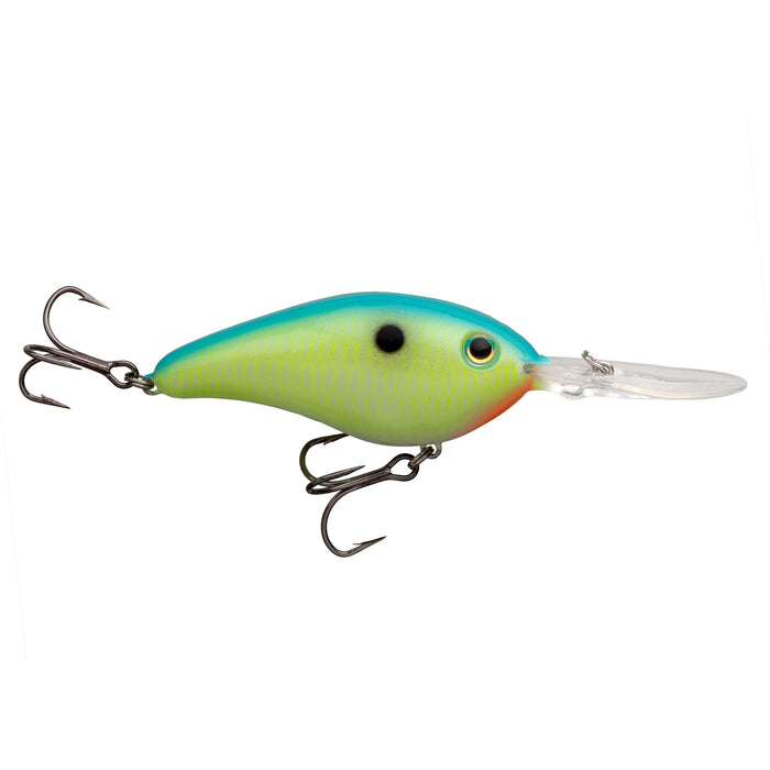 Strike King 5XD Elite Crankbait fishing lure with blue and chartreuse body, detailed scales, realistic eye, and two sharp treble hooks for effective fishing tackle use.