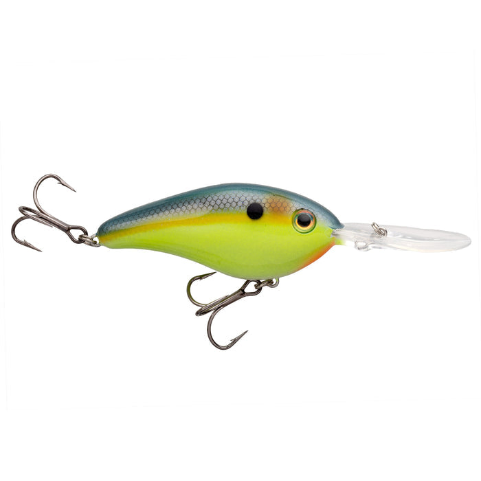 Strike King 6XD Elite Crankbait fishing lure with blue and yellow gradient body, detailed scale pattern, two treble hooks, and clear plastic diving lip for freshwater fishing tackle.