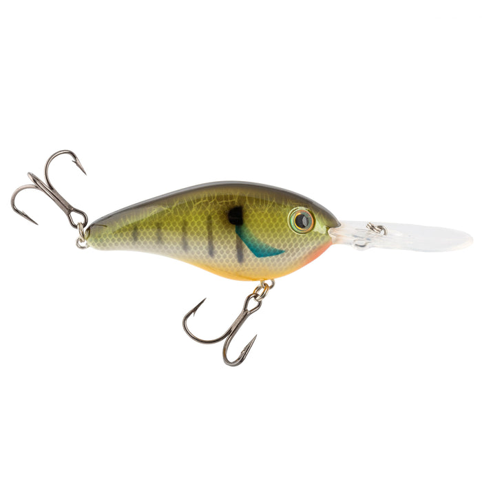 Strike King 6XD Elite Crankbait fishing lure with a green and yellow patterned body, two treble hooks, and a clear diving lip for freshwater fishing tackle.