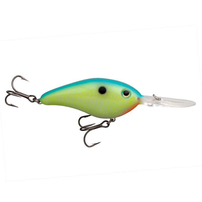 Strike King 6XD Elite Crankbait in vibrant blue and green with lifelike eye and detailed scale pattern, featuring two sharp treble hooks and an extended clear diving lip for effective fishing tackle.