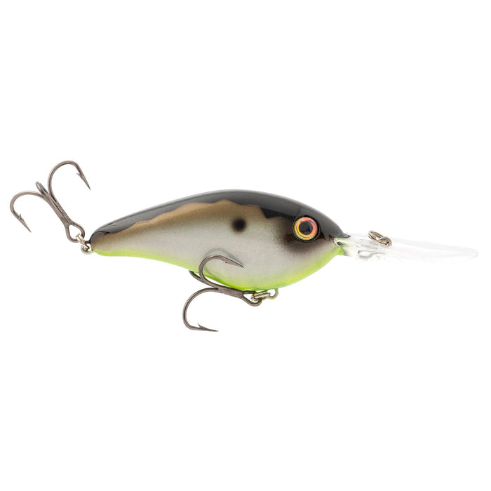 Strike King 6XD Elite Crankbait fishing lure with a black and green body, realistic eyes, and two treble hooks designed for effective freshwater fishing tackle.