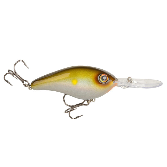 Strike King 6XD Elite Crankbait fishing lure with a lifelike yellow and brown body, detailed eye, and two treble hooks, designed for effective freshwater fishing tackle.