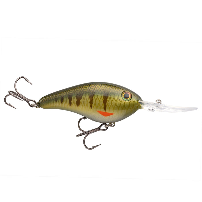 Strike King 6XD Elite Crankbait fishing lure with green and brown scale pattern, two treble hooks, and a clear plastic diving lip for freshwater fishing applications.