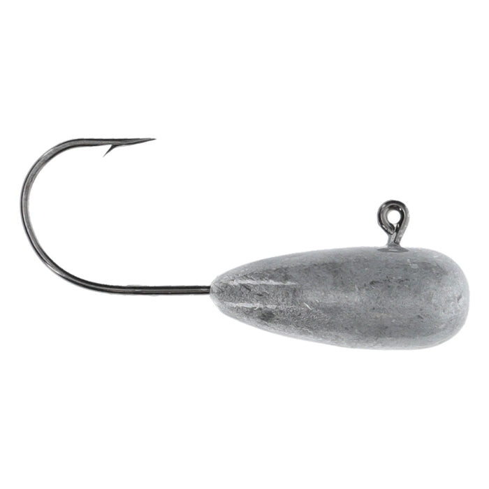 Strike King Bitsy Crackin' Tube Jig Head featuring a metallic, teardrop-shaped weighted head with an attached sharp fishing hook, designed for fishing tackle use.