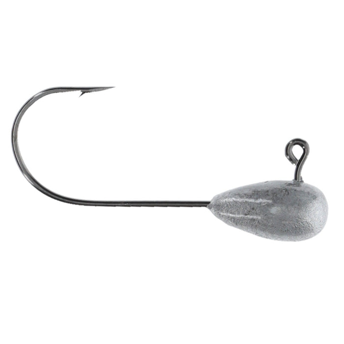Strike King Bitsy Crackin' Tube Jig Head featuring a sharp, curved hook attached to a streamlined, metallic weighted head with an eyelet for fishing tackle use.