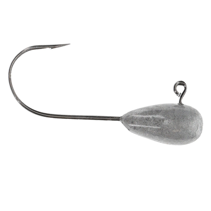 Close-up of a single Strike King Bitsy Crackin' Tube Jig Head with a sharp curved fishing hook and a weighted, smooth, gray metallic body designed for fishing tackle.