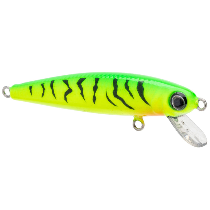 Bright green and yellow fishing lure with black tiger stripes and a clear plastic lip, designed as the Strike King Bitsy Jerkbait for attracting fish.