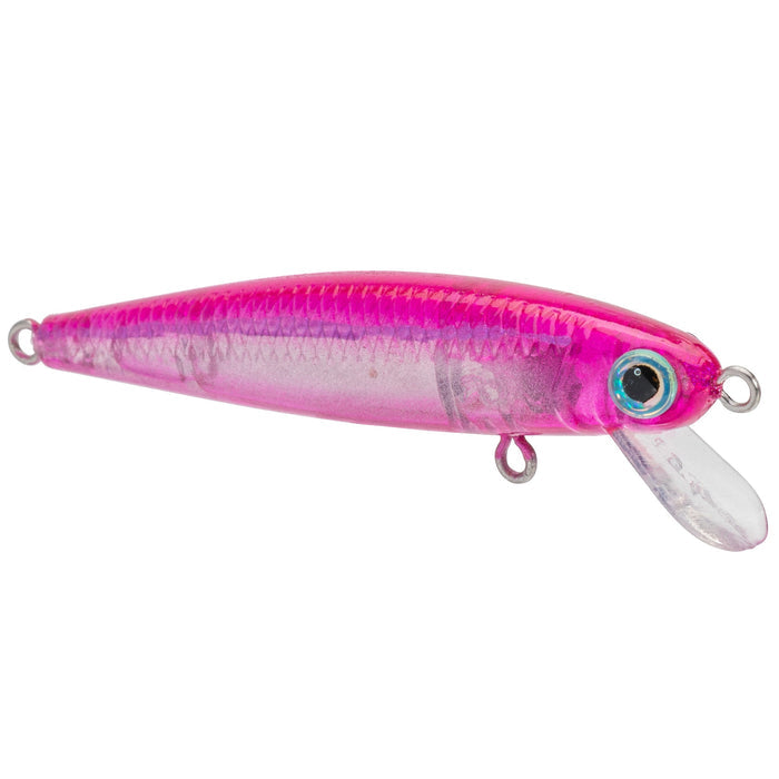 Bright pink fishing lure with a translucent body, detailed scale texture, and a clear diving lip, designed as the Strike King Bitsy Jerkbait for fishing tackle use.